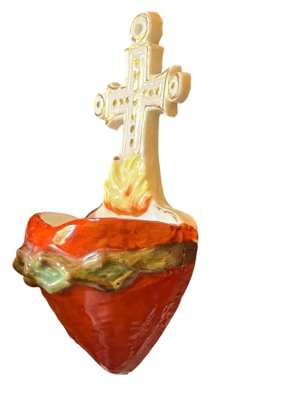 Sacred Heart Wall Pocket With Cross Hand-Painted Porcelain 5.75" Tall Red Green